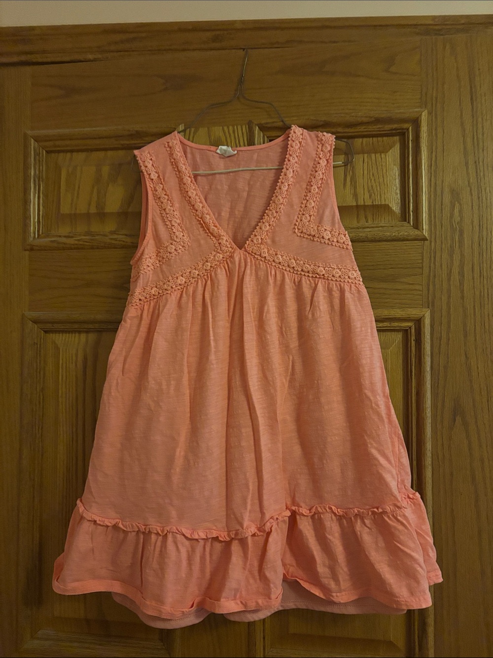 Coral Sleeveless V-Neck dress with Crochet Trim
